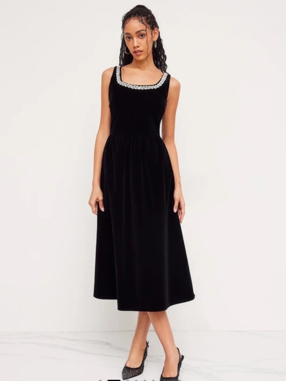 NWT Cider Classic Black Velvet Dress with Embellished Neckline